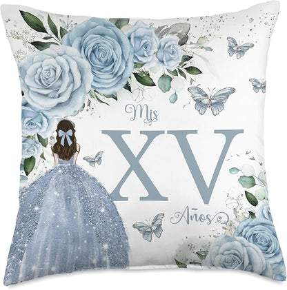 Baby Blue Floral Roses Princess Quinceañera Mis XV Años Throw Pillow