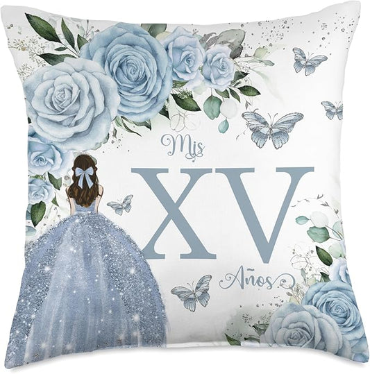 Baby Blue Floral Roses Princess Quinceañera Mis XV Años Throw Pillow