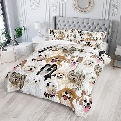 Cartoon Dog Comforter Set Twin Size，Cute Dog Bedding Set for Kids Teens and Adults Soft Microfiber All Season(1 Comforter & 2 Pillowcases)