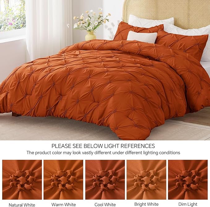 BEDELITE Burnt Orange Queen Comforter Set - 3 Pieces Boho Pintuck Bedding Comforter Sets, Lightweight Soft & Warm Bed Comforter Queen with 2 Pillowcases for All Season