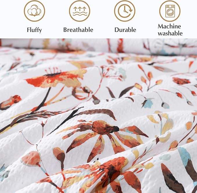 CASAAGUSTO Queen Comforter Set, 7 PCS White Floral Comforter Set with Terracotta Flowers Leaves Pattern, Soft Seersucker Design All Season Queen Bedding Set(90"X90")