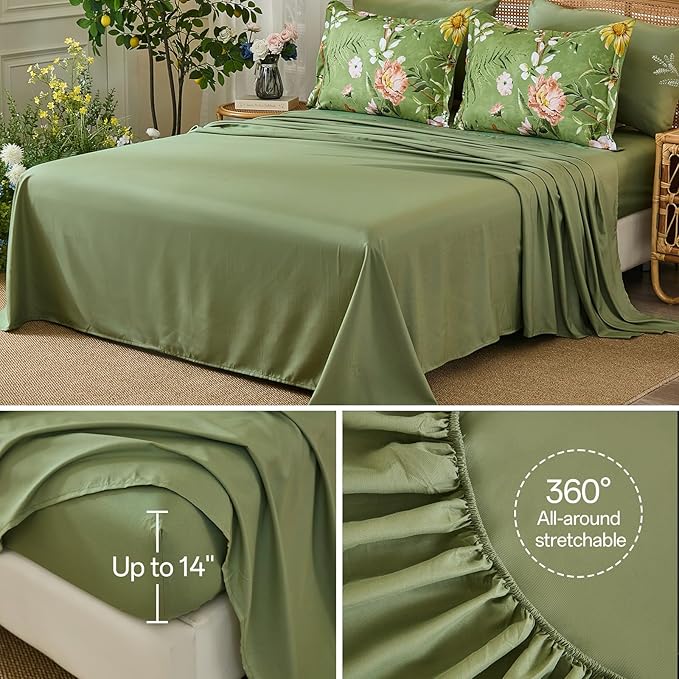Yiran Sage Green Hibiscus Floral Comforter Set Queen Size, 7 Piece Bird Flowers Botanical Comforter Bedding Set, Vintage Bed in a Bag, Soft Microfiber Complete Bedding Set with Sheets for All Season