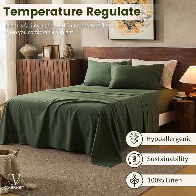 100% Linen Sheets California King Size,Breathable & Durable 4-Piece Bed Flax Sheet Set,Soft All-Season Bedding for Hot Sleepers 16" Deep Pocket Oeko-TEX Certified,（Cal King, Forest Green）