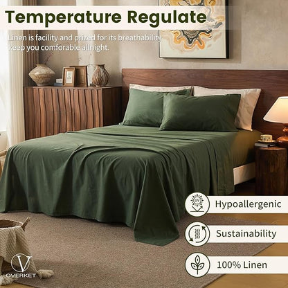 100% Linen Sheets California King Size,Breathable & Durable 4-Piece Bed Flax Sheet Set,Soft All-Season Bedding for Hot Sleepers 16" Deep Pocket Oeko-TEX Certified,（Cal King, Forest Green）