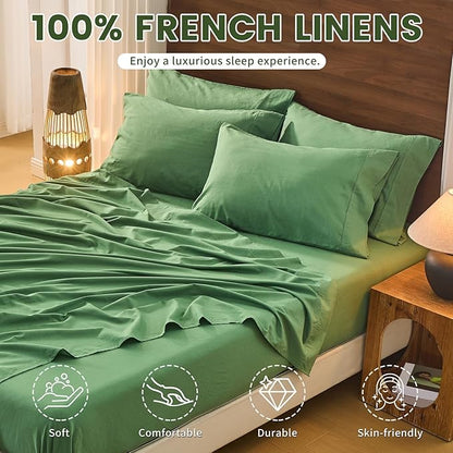 Bedlifes 100% French Pure Linen Sheets California King Size Breathable and Cooling Flax Sheet Set Soft Durable and Moisture Wicking 16 Inch Deep Pocket-4 Piece(Cal King,Sage Green)