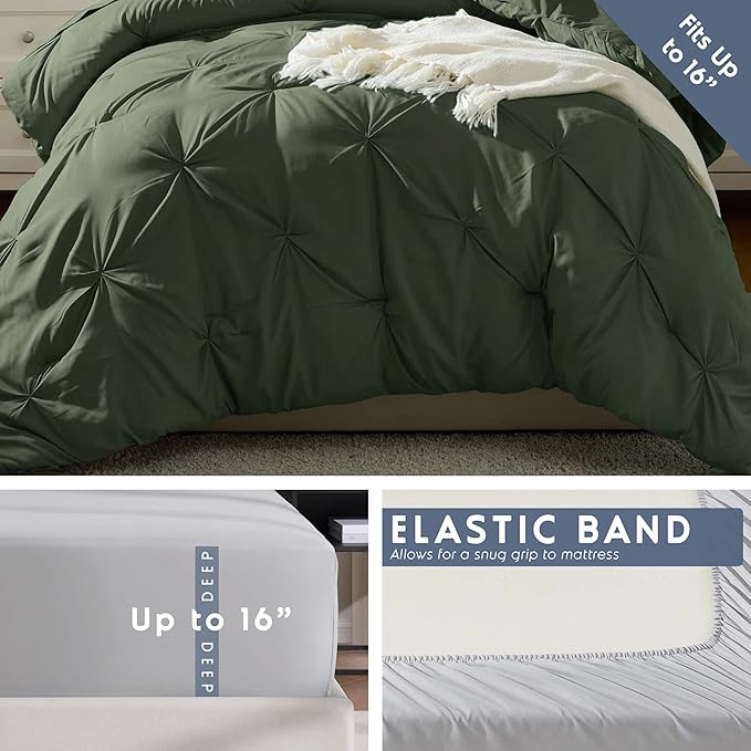 Nestl Twin XL Comforter Set 5 Piece - Pintuck Twin XL Bedding Set Olive Green, College Dorm Essentials Bed in a Bag, Twin XL Comforter Set for College Girls and Boys with Sheets, Pillowcase and Sham