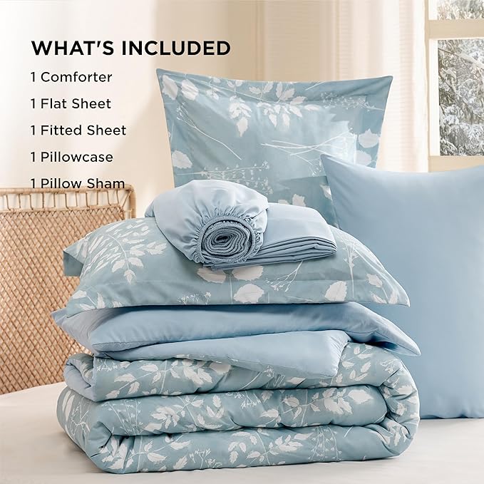 Bedsure Sky Blue Twin Comforter Set - 5 Pieces Floral Bedding Sets, Twin Bed in a Bag with Reversible Botanical Flowers Comforter, Sheets, Pillowcase & Sham