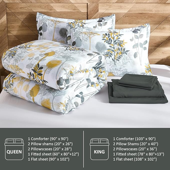 Anibedding 7Pieces Queen Comforter Set, Grey Botanical Bed in a Bag Complete Set with Sheet Pillowcase for Bedroom All Season