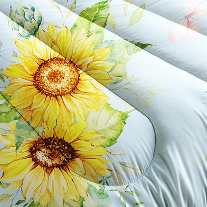 Sunflower Blue Comforter Set Full Size for Women Adults,3 Piece Butterfly Floral Bedding Set,Microfiber Quilts with 2 Shams Soft Lightweight Quilt Room Decor,Blue