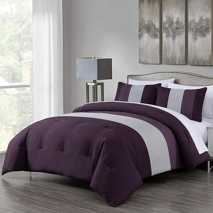 Chezmoi Collection Briar 7-Piece California King Bed in a Bag - All Season Lightweight Microfiber Comforter Set - Includes Sheets & Shams - Purple/Lavender/Gray Pleated Stripe Design