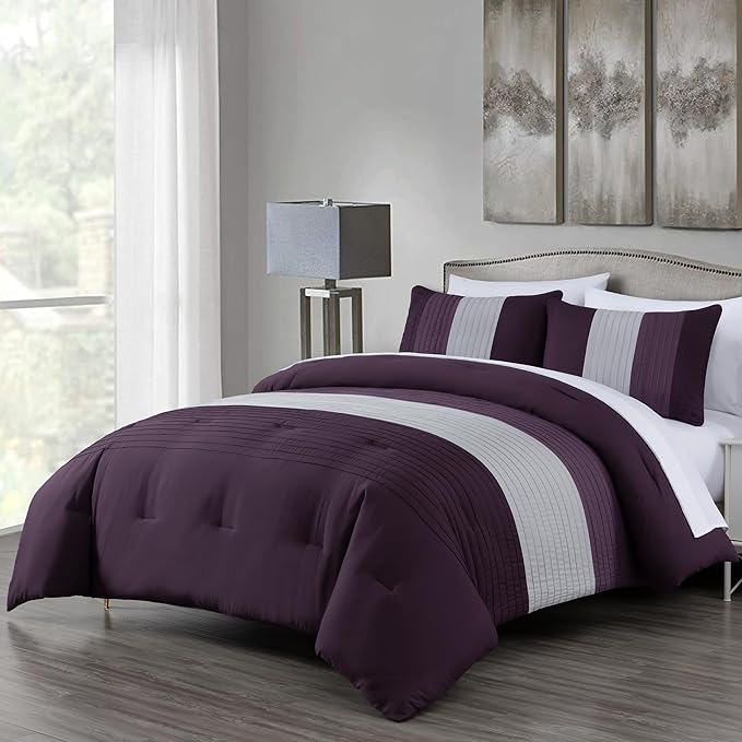 Chezmoi Collection Briar 7-Piece Queen Bed in a Bag - All Season Lightweight Microfiber Comforter Set - Includes Sheets & Shams - Purple/Lavender/Gray Pleated Stripe Design