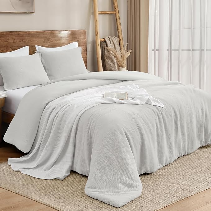 PHF Cotton Muslin Comforter Set Queen Size, Ultra Soft, Breathable & Lightweight All-Season Bedding, Filling: 100% Polyester, 3 Pieces with 1 Comforter 90"x90" and 2 Pillow Shams 20"x26", Light Grey
