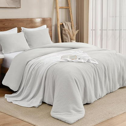 PHF Cotton Muslin Comforter Set Queen Size, Ultra Soft, Breathable & Lightweight All-Season Bedding, Filling: 100% Polyester, 3 Pieces with 1 Comforter 90"x90" and 2 Pillow Shams 20"x26", Light Grey