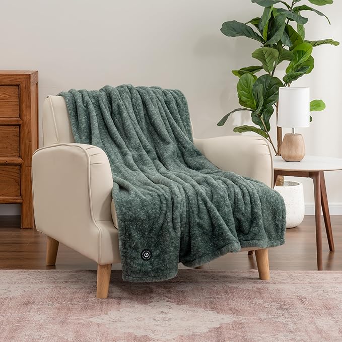Berkshire Blanket Heated Throw Blanket, Grace Fur to Loftmink Reversible Electric Throw with 4 Heat Levels, Fast Heating Printed Throw for Couch and Bed, Auto Shut-Off Feature (50"x60")