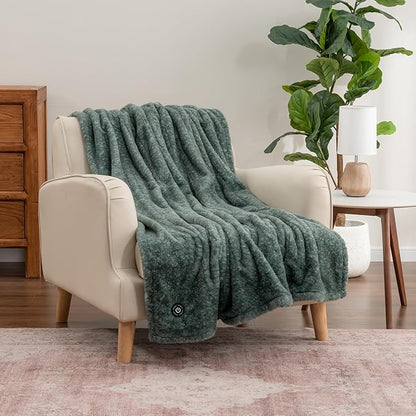 Berkshire Blanket Heated Throw Blanket, Grace Fur to Loftmink Reversible Electric Throw with 4 Heat Levels, Fast Heating Printed Throw for Couch and Bed, Auto Shut-Off Feature (50"x60")