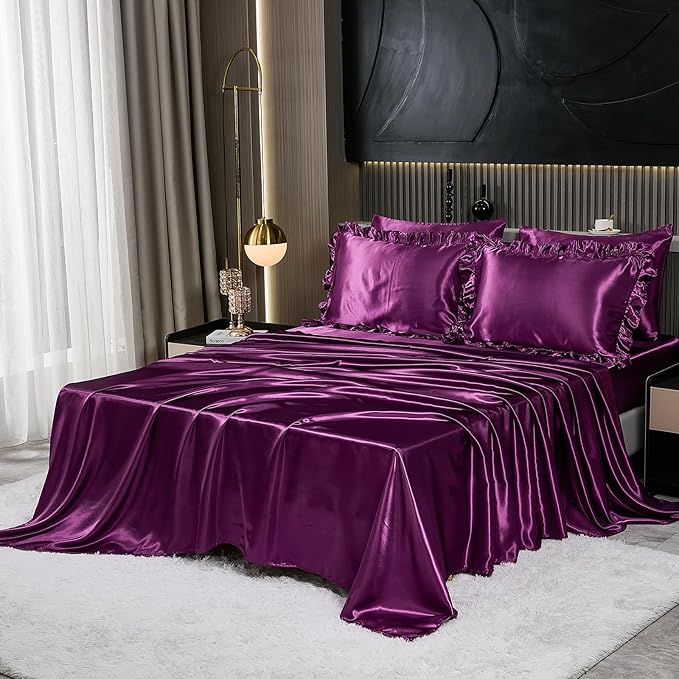Silk Like Satin Comforter Set with Sheet Set Queen 8 Pcs Purple Satin Bedding Set Silky Ruffle Pattern Home Deocr Luxury Hotel Silky Bed in a Bag with 1 Cushion Cover