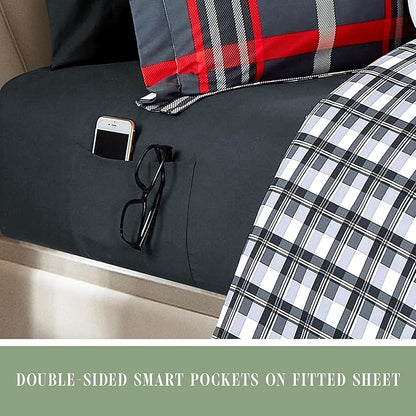 Elegant Comfort 8-Piece Lodge Plaid Reversible Comforter Set - All Season Bed in a Bag, 4-Piece Sheet Set Featuring Smart Pockets, Matching Shams and Decorative Pillow, Twin/Twin XL, Gray