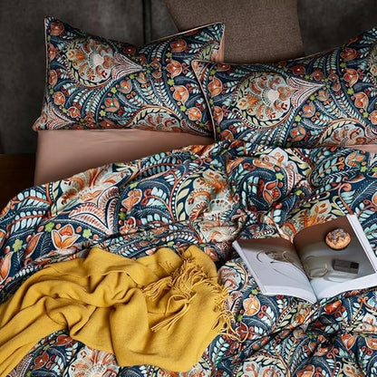 MKXI Blue Comforter Set Queen Pink Paisley Patterned Floral Bedding Comforter Set Boho Bed Quilt Summer Comforter 90"x 90"