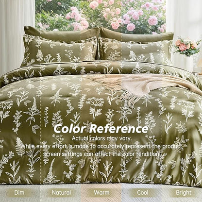 MUXHOMO Olive Green Bed in a Bag Queen 7 Pieces, Queen Comforter Set Reversible Botanical Flowers Design, Ultra Soft & Breathable Bedding Sets with Comforter, Sheets, Pillowcases & Shams