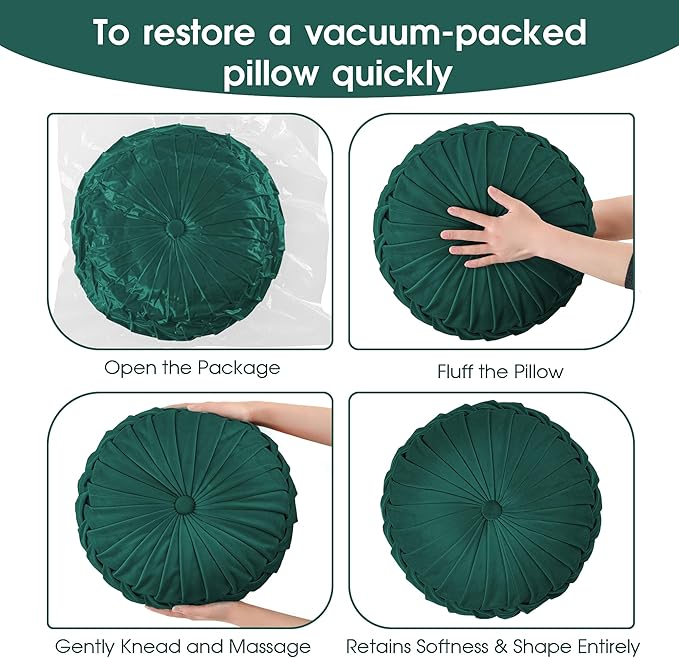 ROSE&RISY Round Pleated Hand-Stitched Velvet Throw Pillow, 1 Pcs Decorative Accent Pumpkin Pillow Cushion for Couch Sofa Chair Bed Car Home Decor (14.5 Inch, Teal)