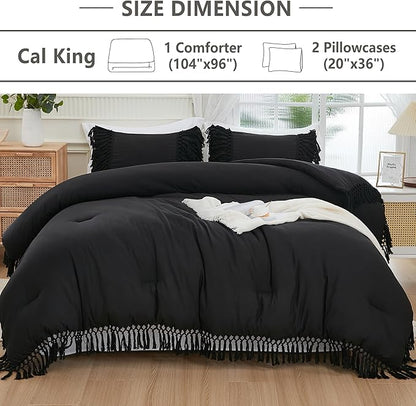 Andency Black Comforter Set California King, 3 Pieces Boho Tassel Lightweight Soft Bedding Comforter Sets for King Bed, All Season Fluffy Fringe Bed Set (104x96In Comforter & 2 Pillowcases)