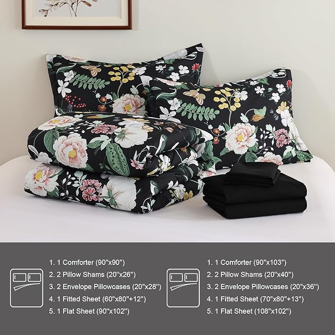 Anibedding 7Pieces Floral Queen Size Comforter Set, Garden Plant Flower Style Bed in a Bag Black White Bedding Comforter Set with Pillow Case for Bedroom