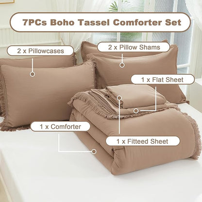 Andency Taupe Queen Size Comforter Set with Sheets - 7 Pieces Boho Tassel Bed in a Bag Soft Lightweight Bedding Sets, Taupe Fringe Bed Set with Comforter, Sheets, Pillowcases & Shams
