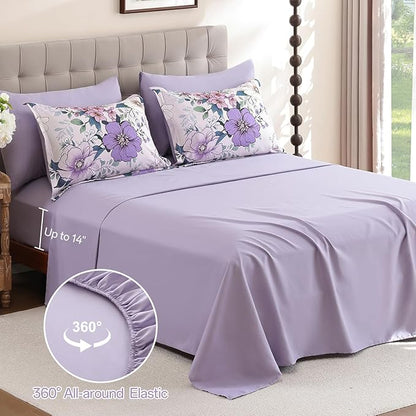 Xruibed Purple Floral Comforter Set Queen Size 7 Pieces Bed in a Bag Flower Comforter Set with Sheet, Pillowcases, Pillowshams, Soft Microfiber Bedding Set for All Season (Queen 90''x90'')