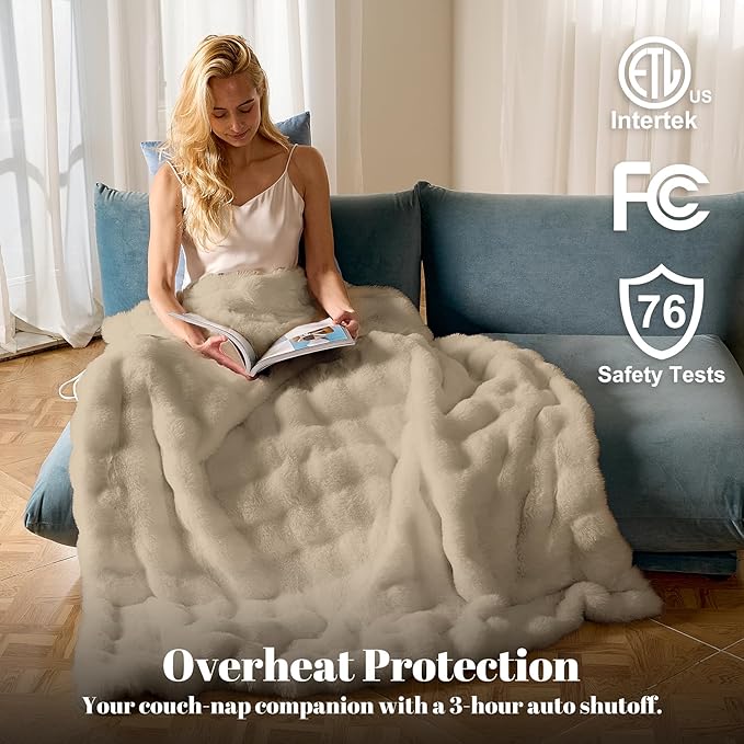 IUUI Electric Heated Blanket Queen 84''x90'',Luxury Faux Rabbit Fur Heating Throw Blankets,Fast Heating with 1/2/4/6/8/10 Hours,Overheat Protection, Quick Heating, Memory Function, Gift-Ready Design