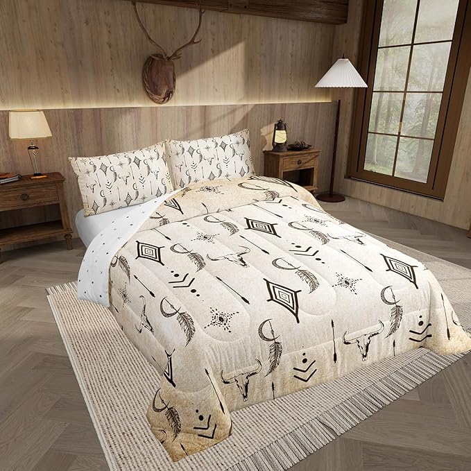 Feelyou Bull Skull Western Comforter Set Ethnic Horns Boho Toddler Size Bedding Set for Kids Adult Black Brown Tribal Symbol Mysterious Aztec Comforter