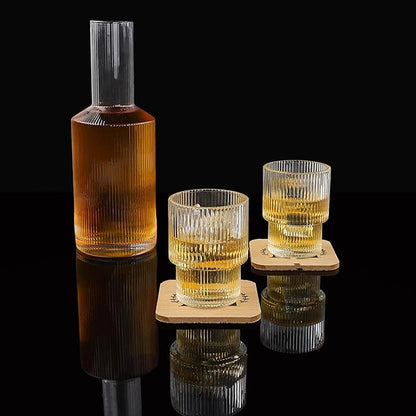 3pc Vintage Bedside Water Carafe and Glass Set - 28.7oz Glass Juice Pitcher with Lids for Fridge or Nightstand - Use for Water, Juice, Milk, Wine, and More