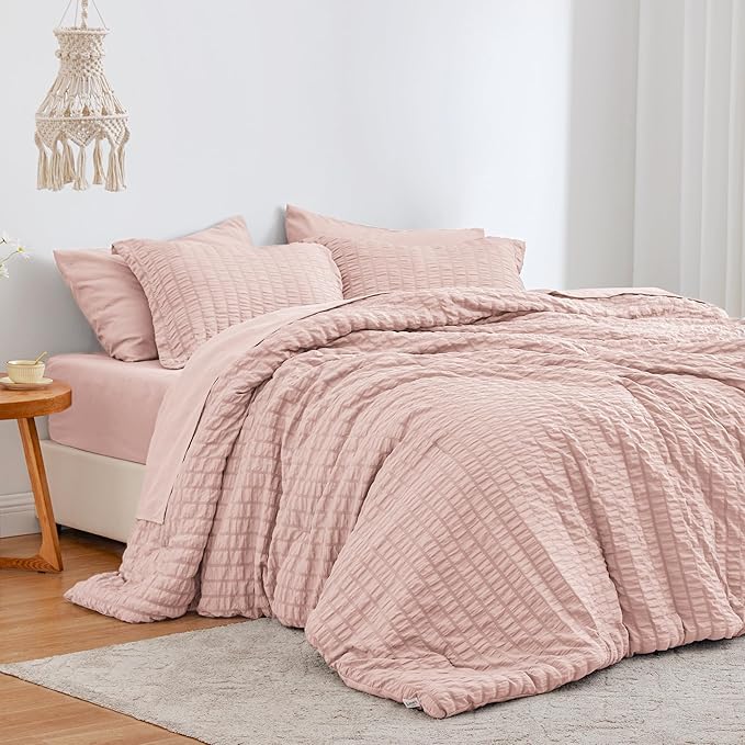 Love's cabin Seersucker Pink Twin XL Comforter Set, 5-Piece All Season Lightweight Bed in a Bag Bedding Set with Comforter, Flat Sheet, Fitted Sheet, Pillowcase and Sham | Soft, Breathable, Lightweight