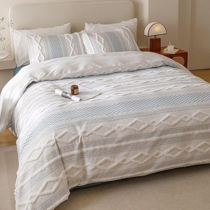 Houseri Tufted Blue Comforter Set Queen Jacquard Bedding Shabby Chic Farmhouse Bed Sets Queen