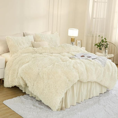 Andency Faux Fur Beige Comforter Set King Size, 3 Pieces Fluffy Fuzzy Plush Bedding Comforter Set (1 Shaggy Velvet Comforter & 2 Pillowcases), Soft Puffy Comfy Down Alternative Comforter Bedding Set