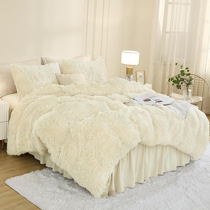 Andency Faux Fur Beige Comforter Set Full Size, 3 Pieces Fluffy Fuzzy Plush Bedding Comforter Set (1 Shaggy Velvet Comforter & 2 Pillowcases), Soft Puffy Comfy Down Alternative Comforter Bedding Set