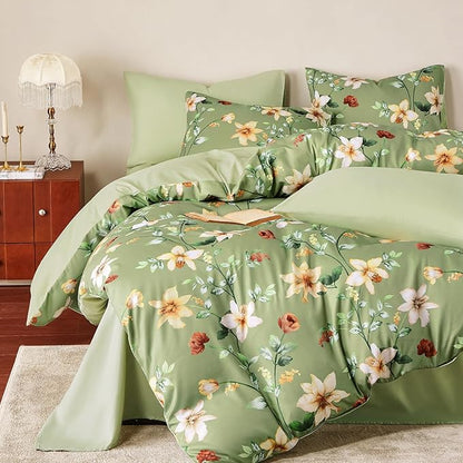 Wake In Cloud - Floral Comforter Set, Cottagecore Cottage Rustic Farmhouse Style with Botanical Flowers and Leaves Pattern, Soft Lightweight Bedding, 3-Piece, Sage Green, Twin/Twin XL Size