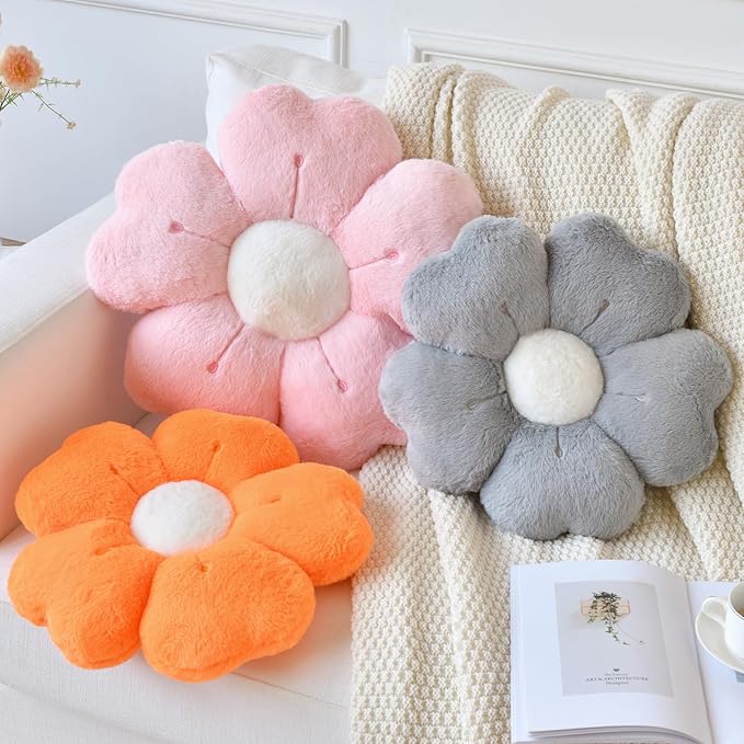 Flower Pillow, Flower Shaped Pillow Decorative Throw Pillows for Bed Couch, Cute Daisy Pillow Dorm Decor Floor Seating Cushion (Grey, 15 Inches)