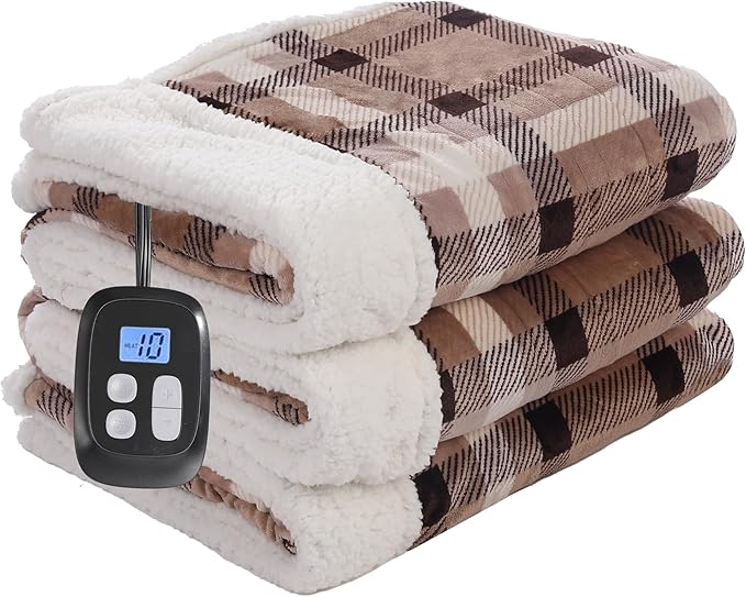 Electric Heated Blanket Full Size 72"x84", Soft Flannel with Overheat Protection, 10 Adjustable Heat Settings & 12-Hour Auto-Off Timer, Fast Heating for Winter Comfort, Brown Plaid