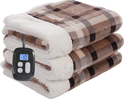 Electric Heated Blanket Full Size 72"x84", Soft Flannel with Overheat Protection, 10 Adjustable Heat Settings & 12-Hour Auto-Off Timer, Fast Heating for Winter Comfort, Brown Plaid