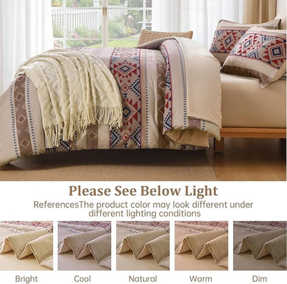 Anibedding King Size Comforter Set 7 Pieces Light Khaki Brown Farmhouse Bedding Comforter Set, Boho Aztec Bed in a Bag Soft Microfiber Bed Set with Sheets, Pillowcases & Shams