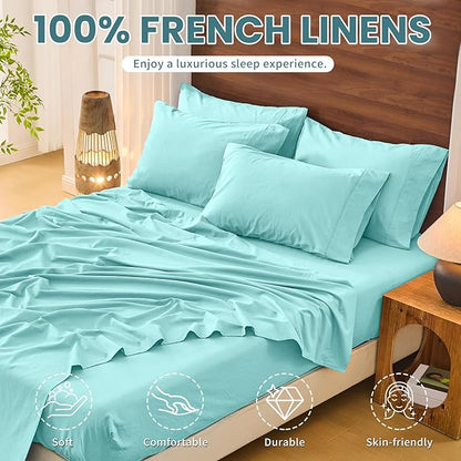 Bedlifes 100% French Pure Linen Sheets King Size Breathable and Cooling Flax Sheet Set Soft Durable and Moisture Wicking 16 Inch Deep Pocket-4 Piece(King,Teal)