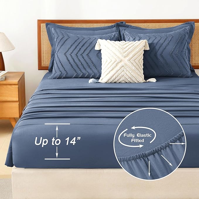 Litanika Queen Size Comforter Set with Sheets Ocean Blue - 7 Pieces Bed in a Bag Queen Chevron Tufted Complete Bedding Sets with Comforter, Sheets, Pillowcases & Shams