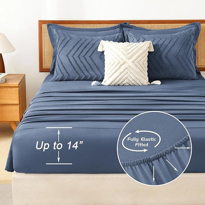 Litanika Queen Size Comforter Set with Sheets Ocean Blue - 7 Pieces Bed in a Bag Queen Chevron Tufted Complete Bedding Sets with Comforter, Sheets, Pillowcases & Shams