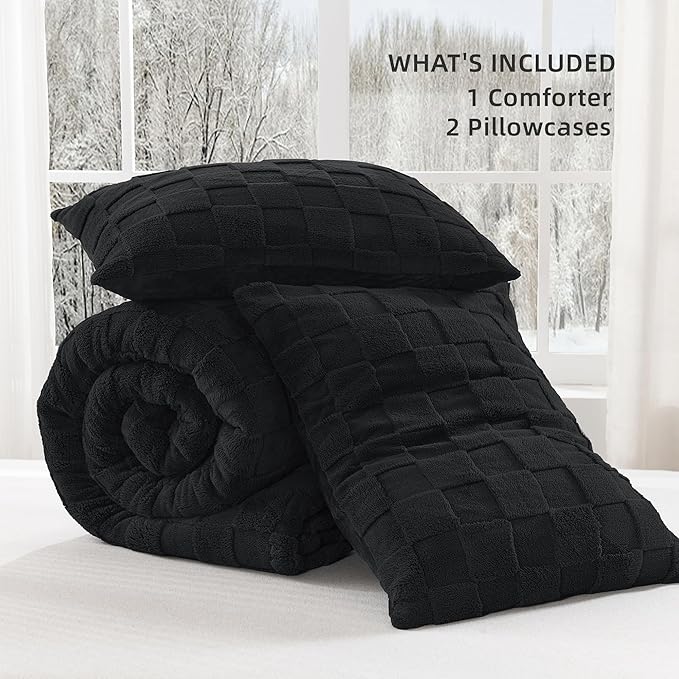 Litanika Fluffy Full Size Comforter Set Black, 3 Pieces Warm Sherpa Fleece Winter Bedding Set,Jacquard Checkered Plush Fuzzy Bed Set(1 Comforter, 2 Pillowcases)