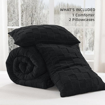 Litanika Fluffy Queen Size Comforter Set Black, 3 Pieces Warm Sherpa Fleece Winter Bedding Set, Jacquard Checkered Plush Fuzzy Blanket Bed Set(1 Comforter, 2 Pillowcases)