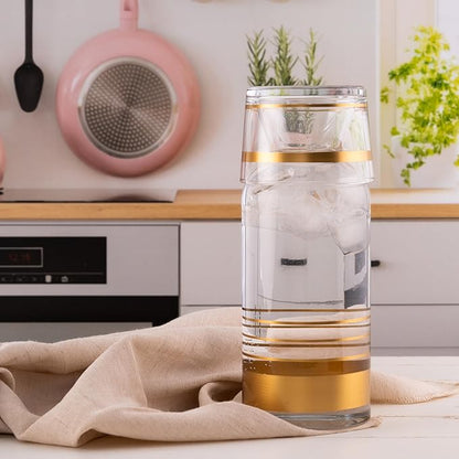 GARIZZE Bedside Water Carafe and Glass Set for Bedroom, Bedside Carafe and Glass Set, Mouthwash Decanter for Bathroom, Water Carafe with Glass Cup for Nightstand (24-oz/7-oz)(GOLD STRIPE)Standard Pack