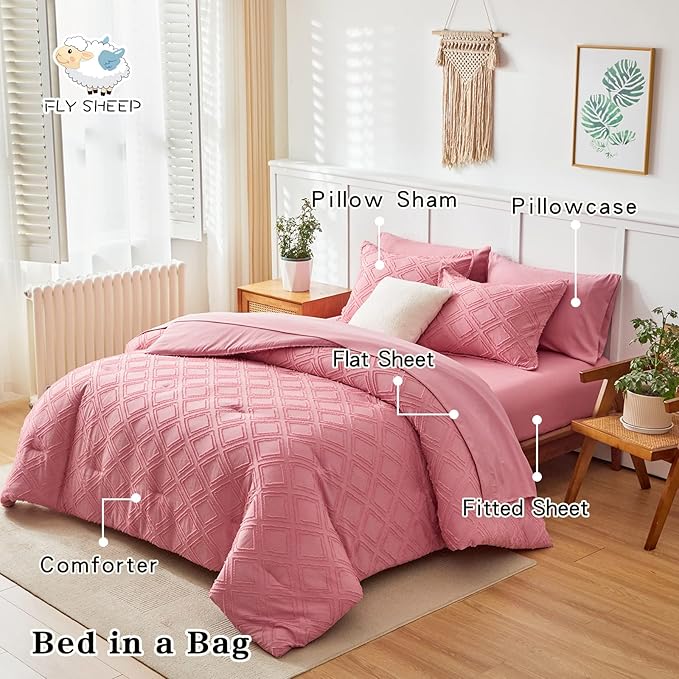 6 Pieces Tufted Bed in a Bag Twin Comforter Set with Sheets Pink, Soft and Embroidery Shabby Chic Boho Bohemian, Luxury Solid Color with Diamond Pattern, Jacquard Tufts Bedding Set for Kids Girls