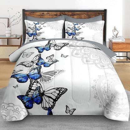Comforter Set King Size, Summer Spring Blue Butterfly 7 Pcs Bedding for Kids and Adults, Abstract Mandala Floral Bed Sheet Sets with Fitted Sheet 2 Pillowcases & 2 Shams for Bedroom Bed Decor