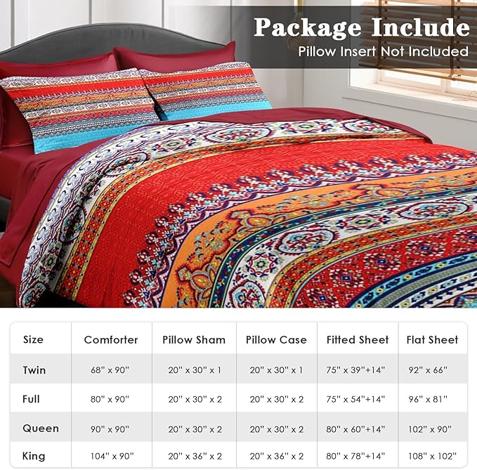 Comforter Set Queen Size, Vintage Paisley Leaf Floral 7 Pcs Bedding for Kids and Adults, Ethnic Geometric Flower Bed Sheet Sets with Fitted Sheet 2 Pillowcases & 2 Shams