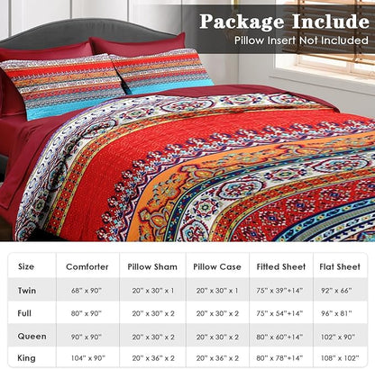 Comforter Set Queen Size, Vintage Paisley Leaf Floral 7 Pcs Bedding for Kids and Adults, Ethnic Geometric Flower Bed Sheet Sets with Fitted Sheet 2 Pillowcases & 2 Shams